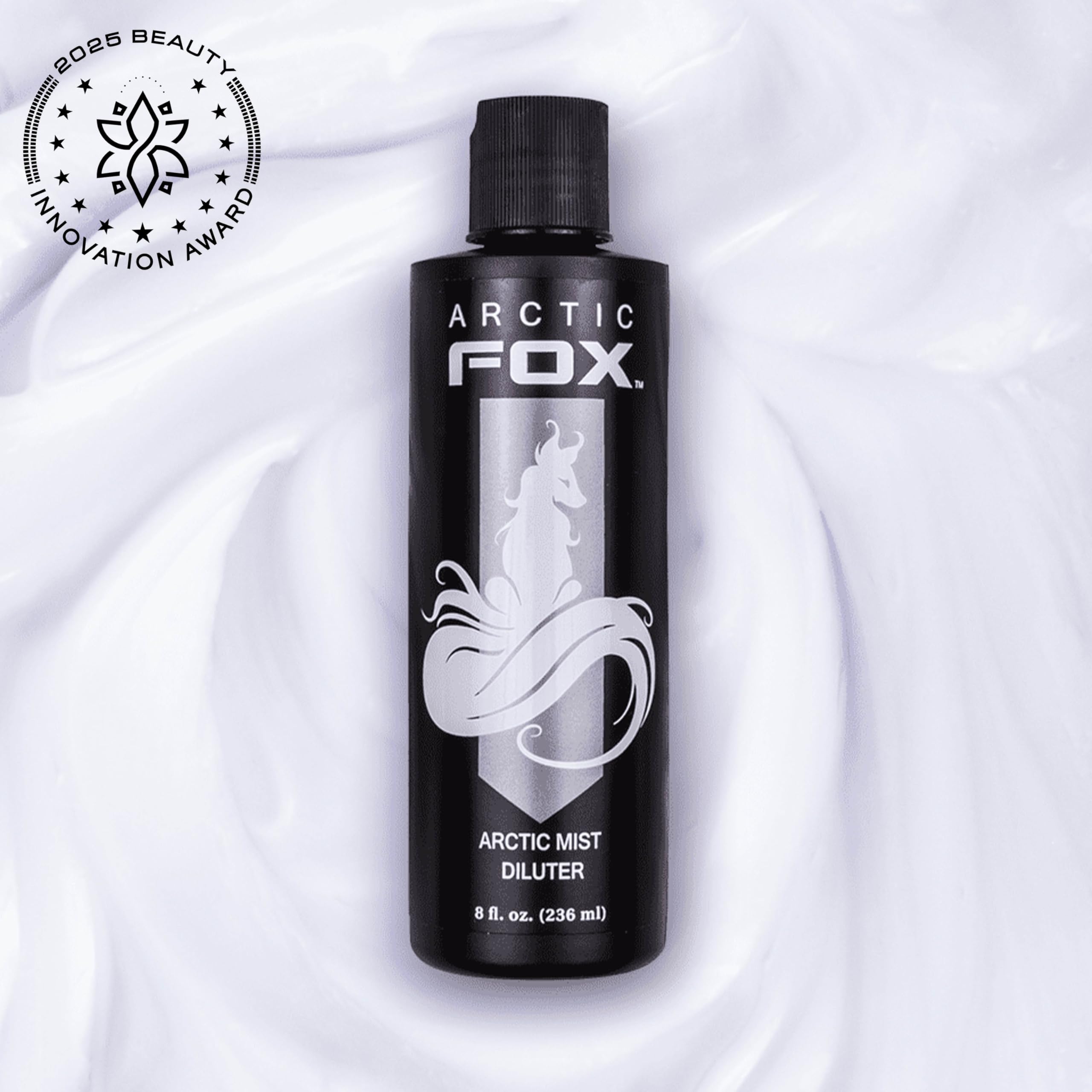 ARCTIC FOX Arctic Mist diluter swatches show expert shade testing for precise color planning.