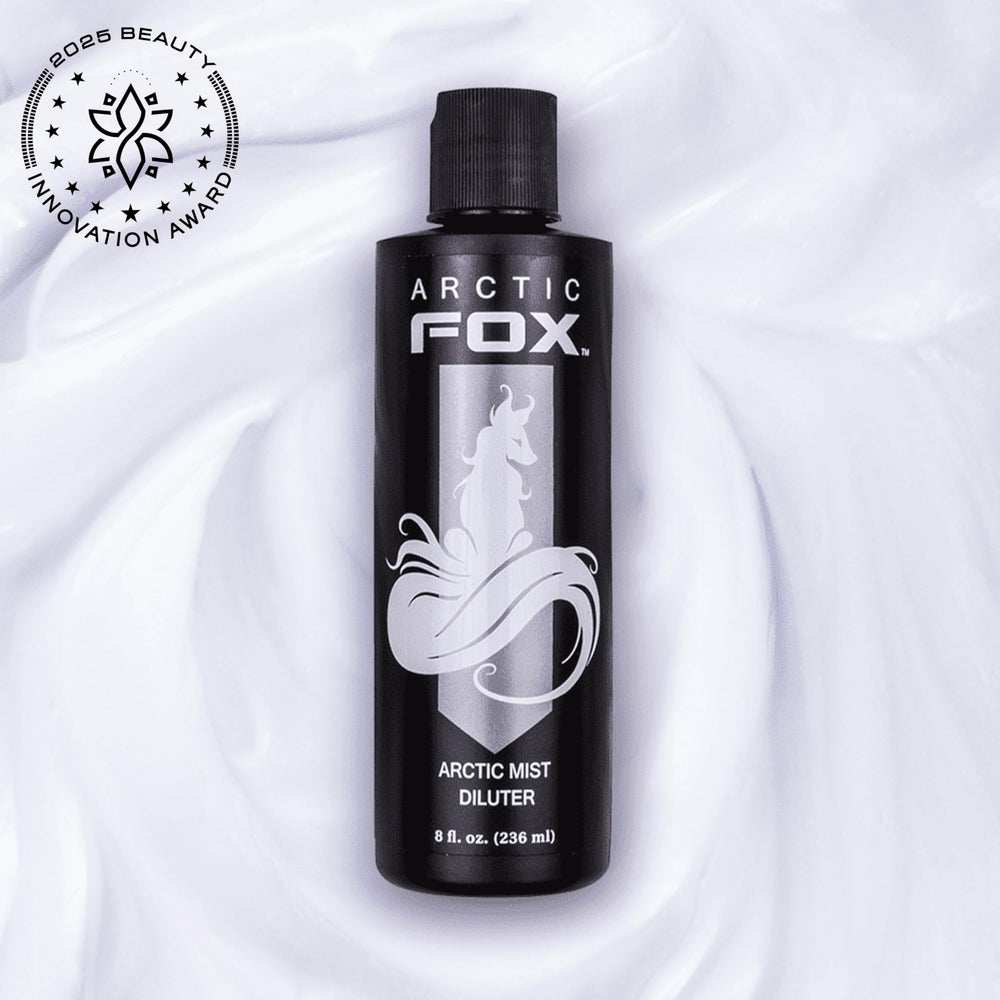 ARCTIC FOX Arctic Mist diluter swatches show expert shade testing for precise color planning.