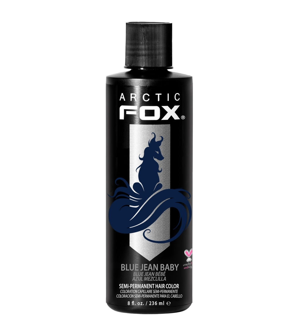 ARCTIC FOX Blue Jean Baby dye swatch on hair shows deep navy pigment