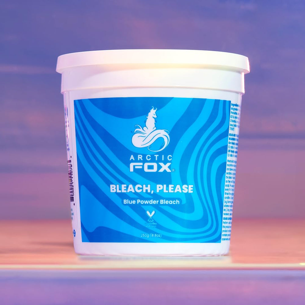 ARCTIC FOX Blue Powder Bleach tub closeup highlights generous 8.8 oz size for multiple uses.