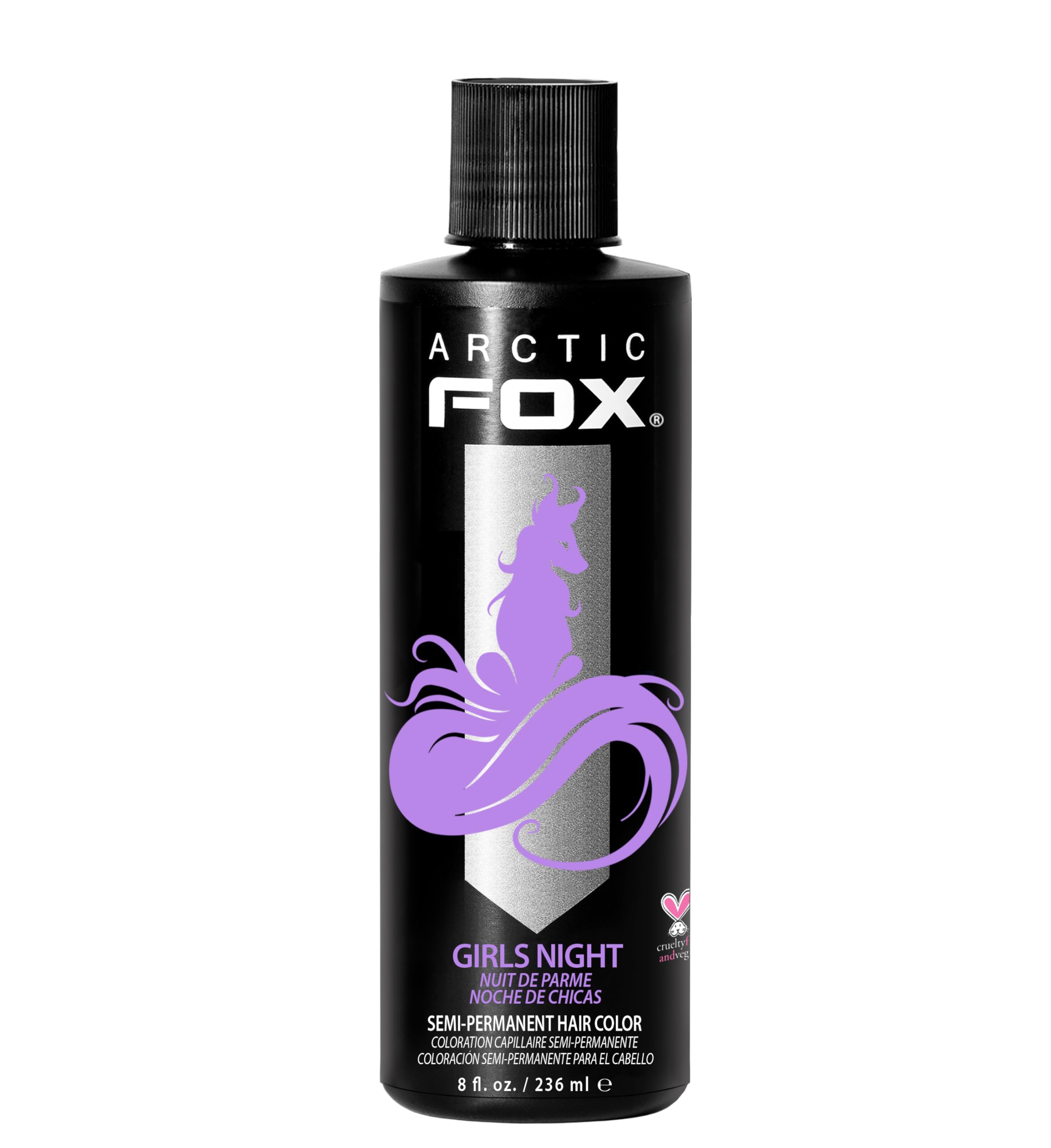 ARCTIC FOX Girls Night bottle close-up showing vibrant pastel lilac shade for bold looks.