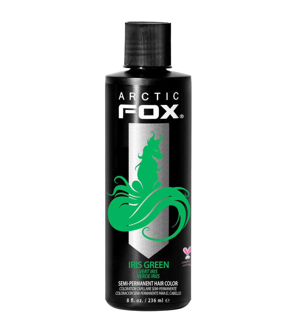 ARCTIC FOX Iris Green dye bottle with rich grassy green color for vivid payoff.