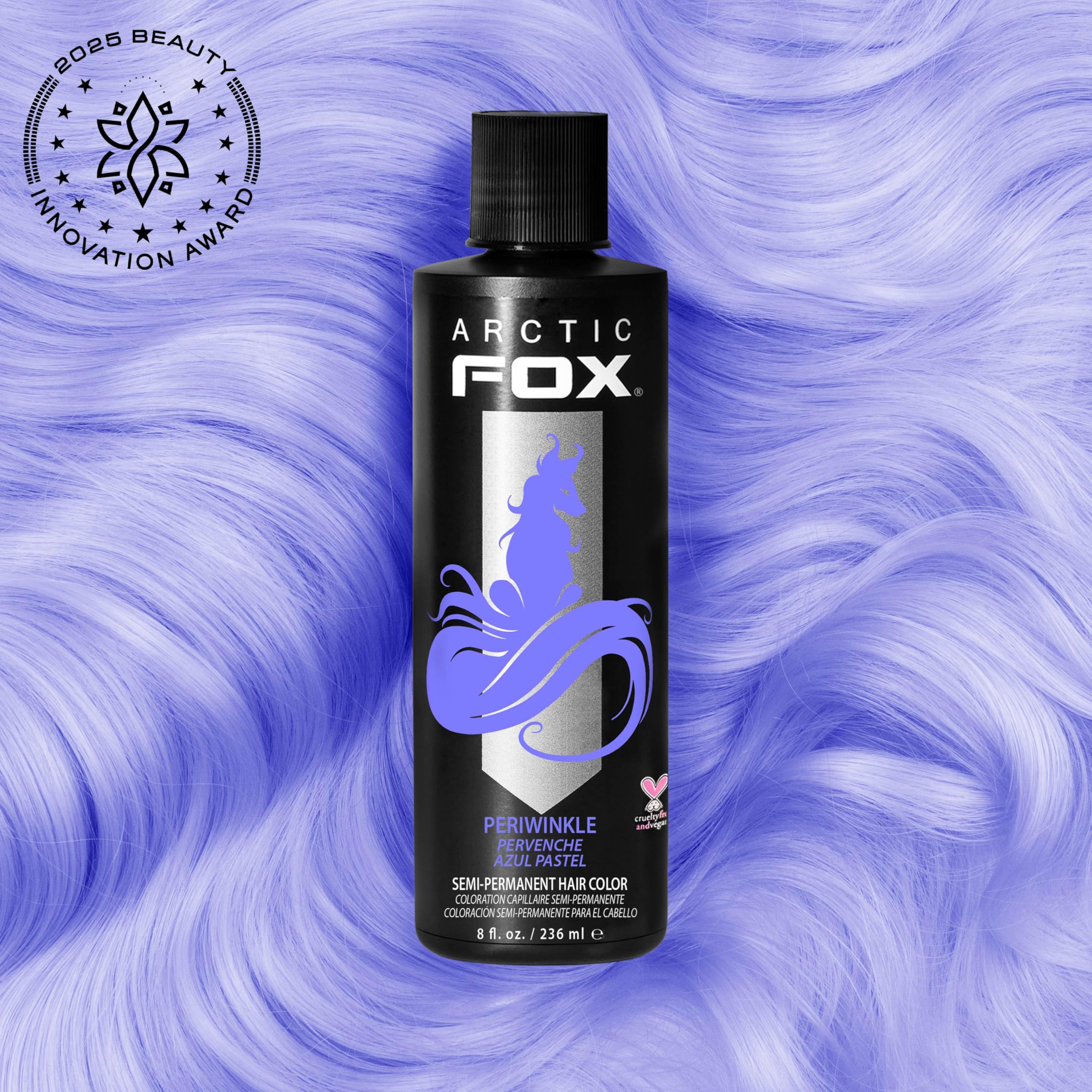 ARCTIC FOX Periwinkle swatches on platinum hair demonstrate best light-blue shade.