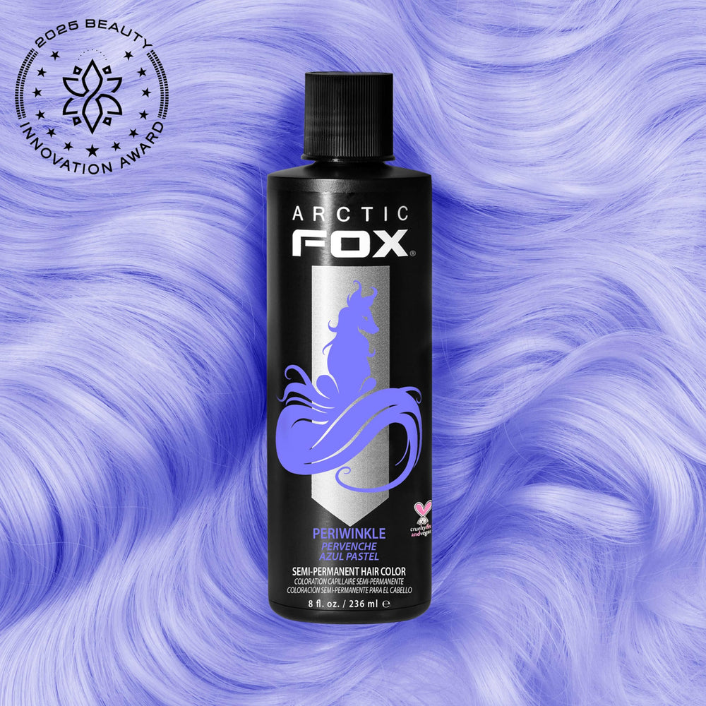 ARCTIC FOX Periwinkle swatches on platinum hair demonstrate best light-blue shade.