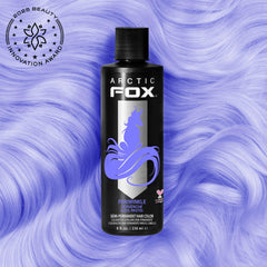 ARCTIC FOX Periwinkle swatches on platinum hair demonstrate best light-blue shade.