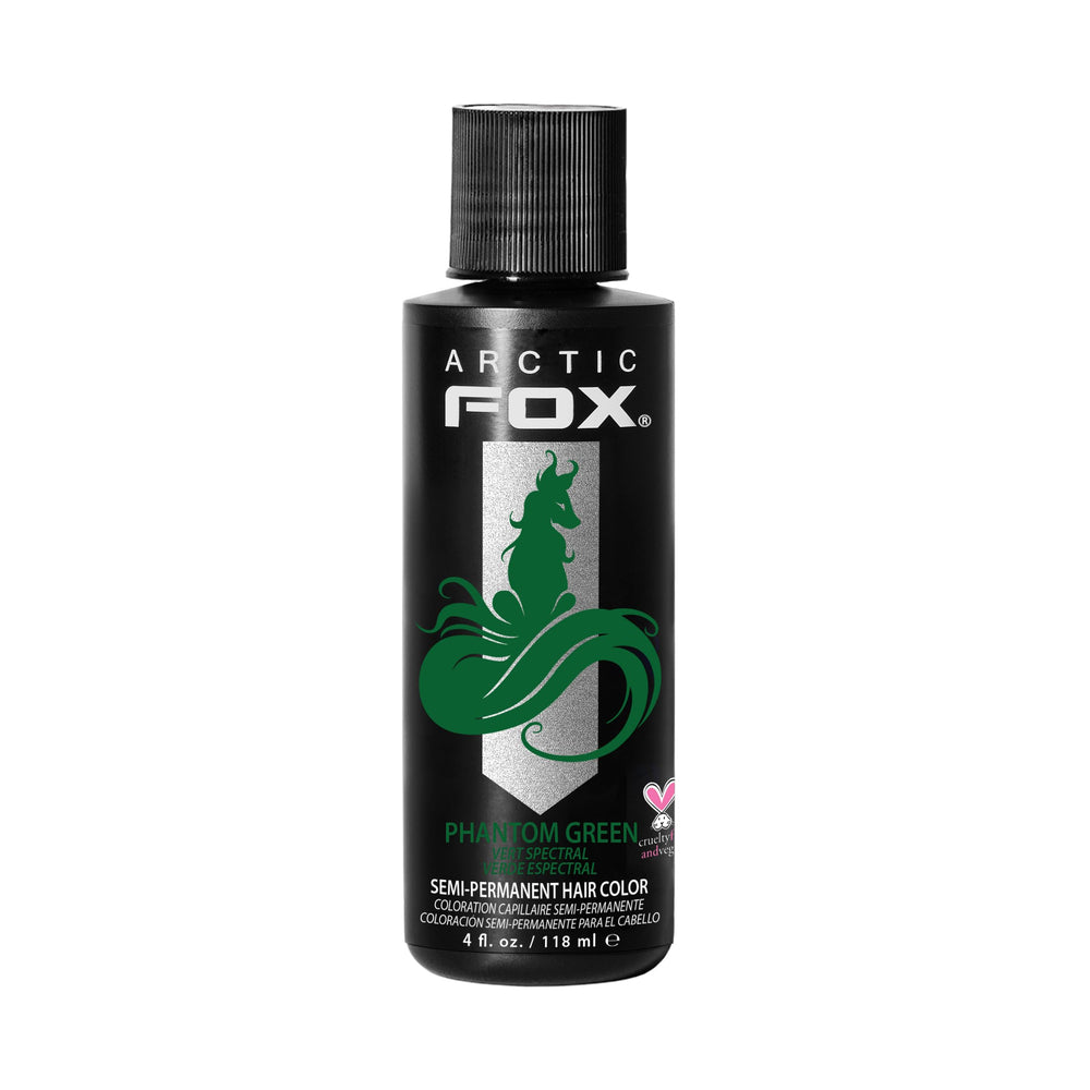 ARCTIC FOX Phantom Green bottle demonstrates bold color for at-home dyeing and conditioning.