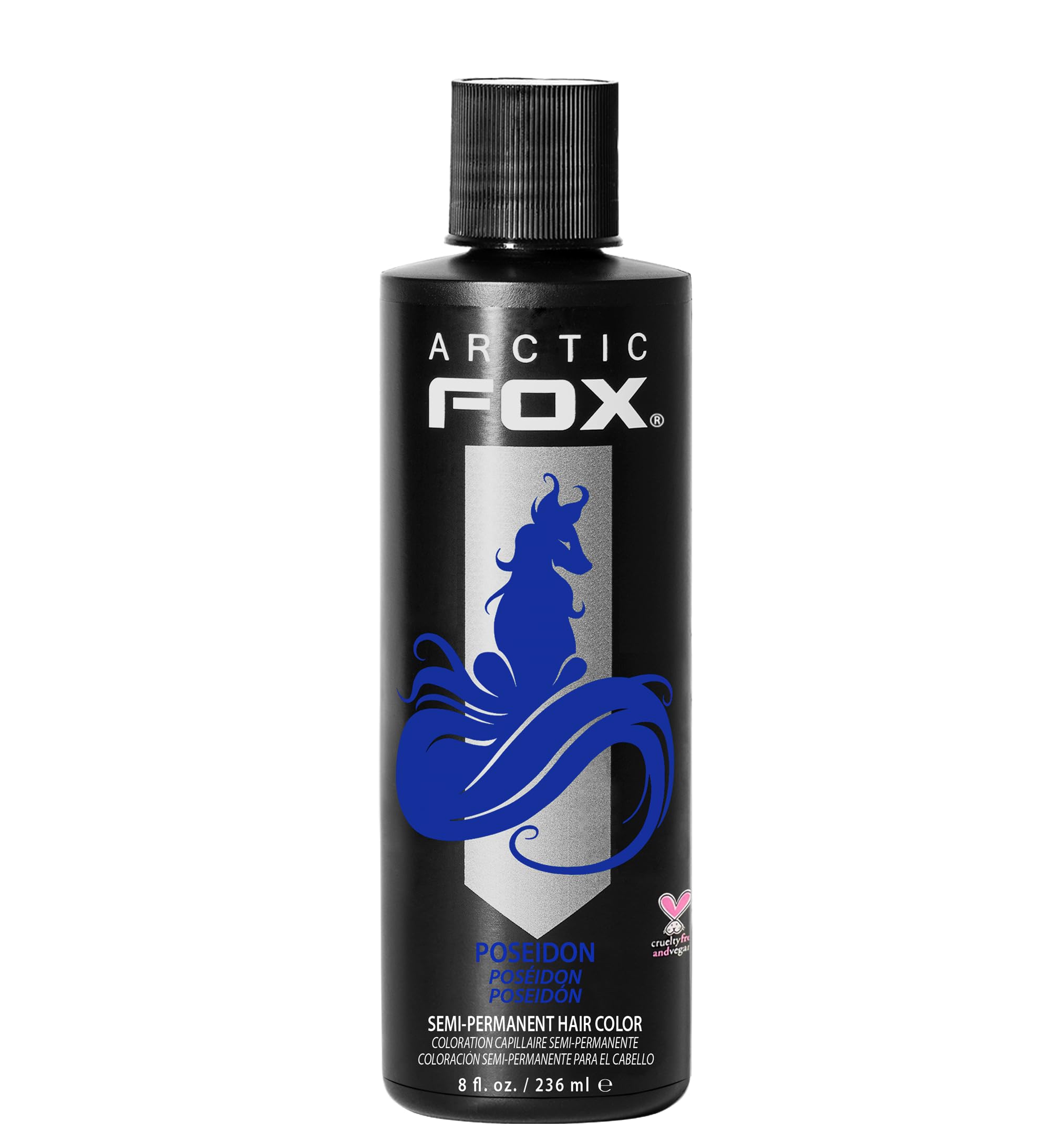 ARCTIC FOX Poseidon dye bottle shows vibrant true-blue color for bold hair.