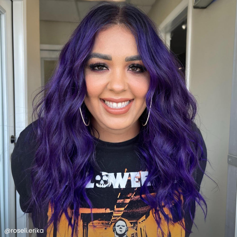 ARCTIC FOX Purple AF finished look on light hair for bold results.