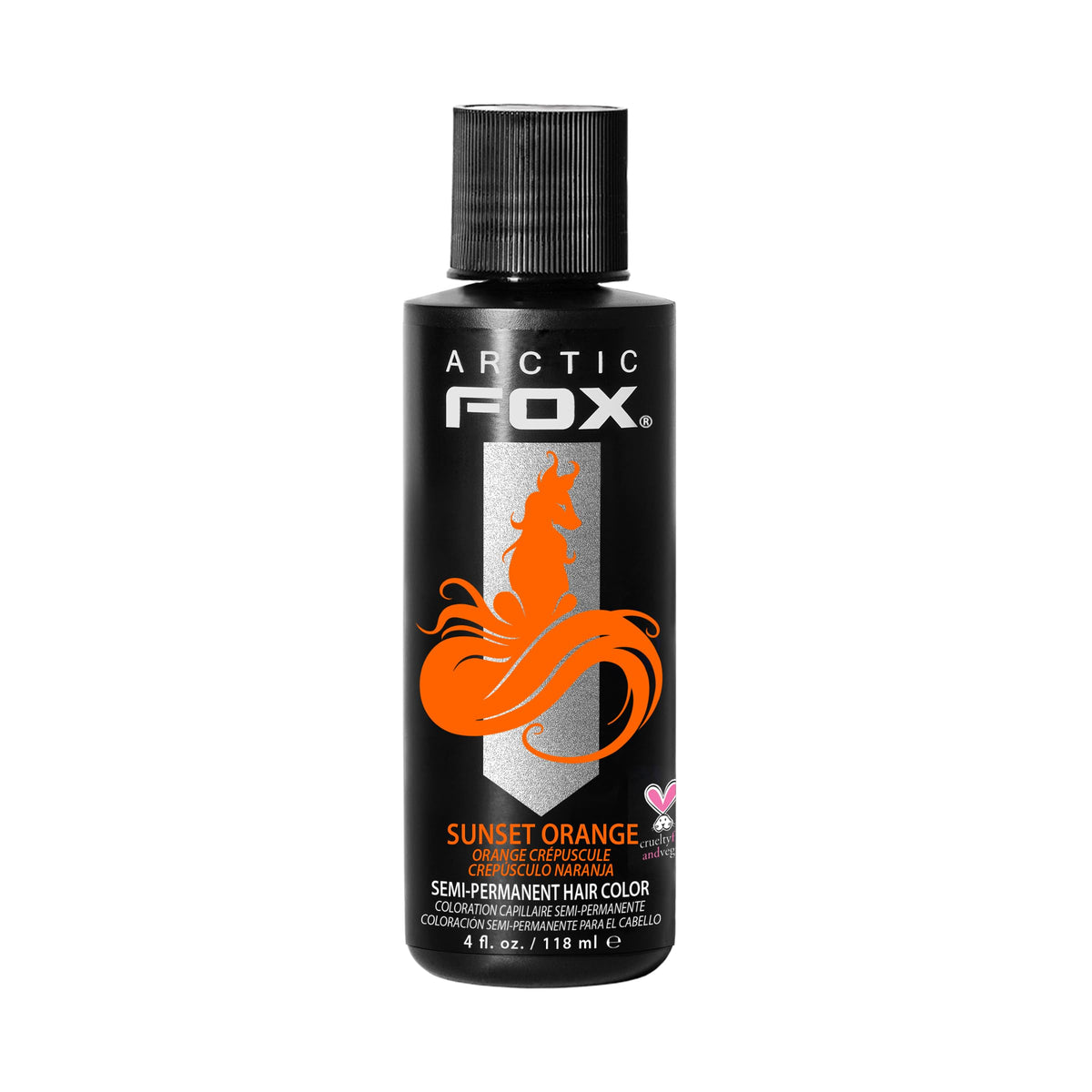 ARCTIC FOX Sunset Orange bottle closeup showing vegan dye for vibrant, salon-like color.