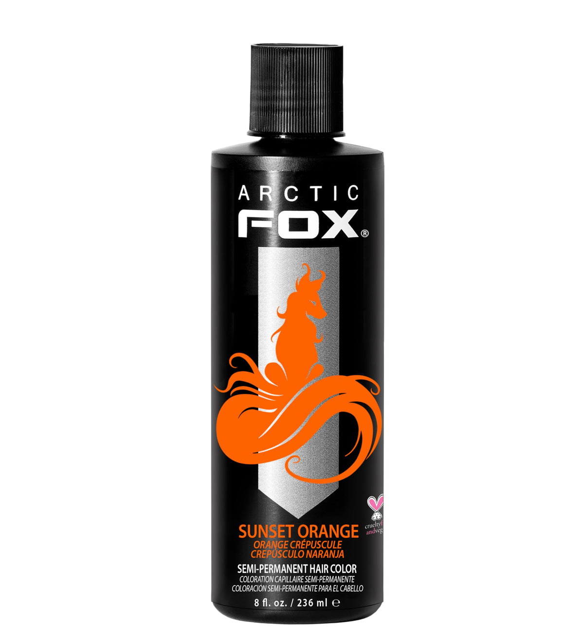 ARCTIC FOX Sunset Orange bottle with swatches for vibrant, long-lasting shade.
