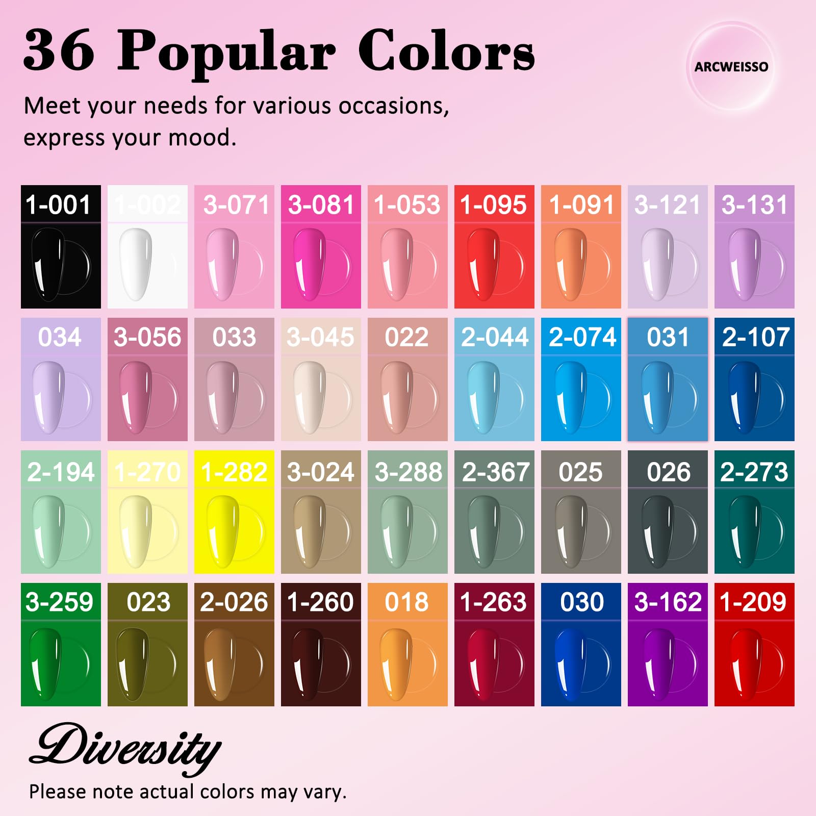 ARCWEISSO 36-colors gel-nail-polish to mix and match for looks.