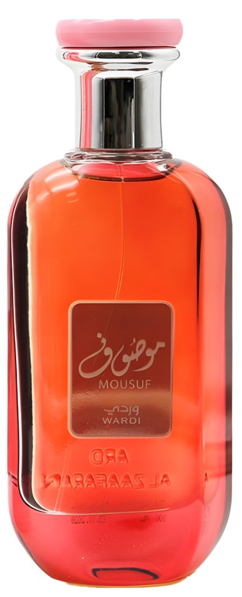 Ard Al Zaafaran Mousuf Wardi bottle front view highlights bold branding for evening wear.