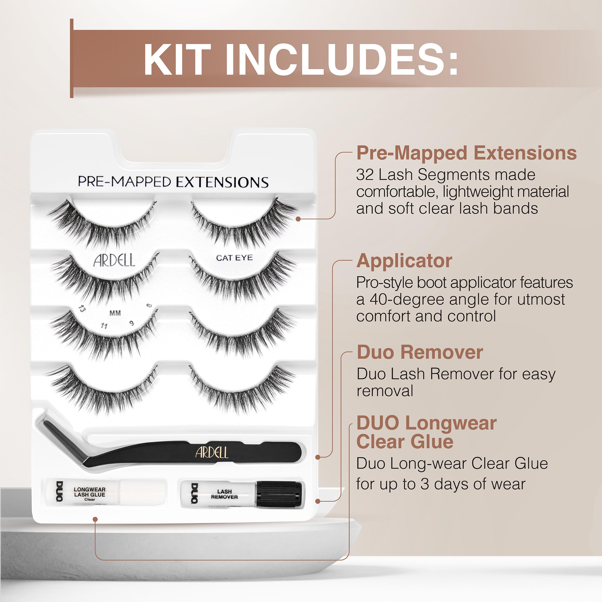 Ardell cat-eye design lashes highlighting outer corner elongation for a lifted look.