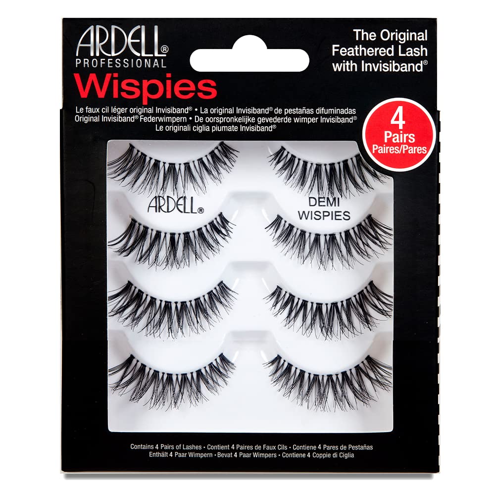 Ardell Demi Wispies Black lashes in a 4-pair pack for natural, fluttery eye definition.
