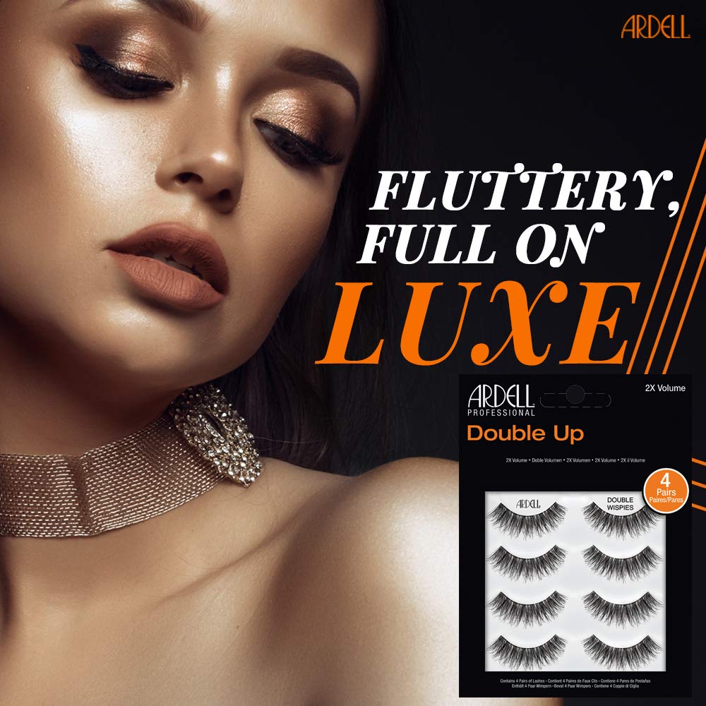 Ardell Double Up Wispies pack-side reveals a natural strip with high-impact drama.