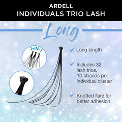 Ardell individual lashes Trios Long Black, closer look, customizable cluster for sparse or full-volume effects.