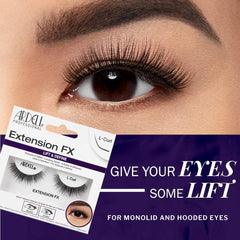 Ardell Lash Extension FX L Curl on-eye closeup highlights eye-opening definition for hooded eyes.