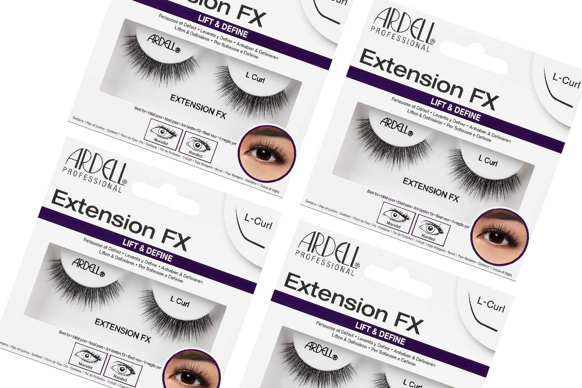 Ardell Lash Extension FX L Curl pack closeup showcasing natural lift and defined lashes.