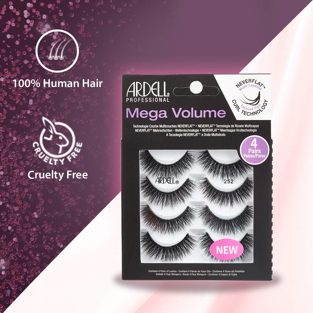 Ardell Mega Volume 252 NeverFlat Curl demonstrates multi layered curl and natural blend.