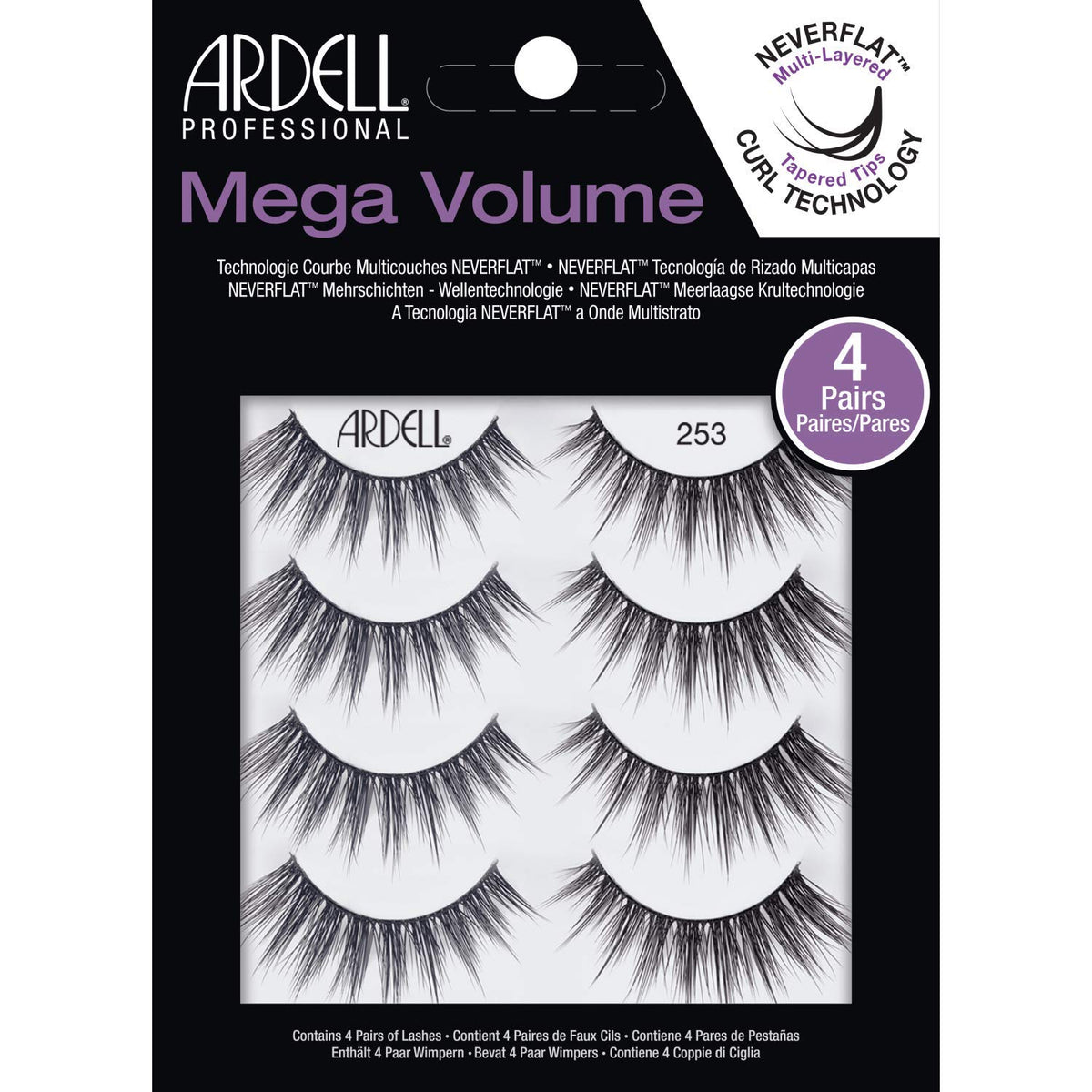 Ardell Mega Volume 253 lashes with a clear band delivering dramatic flutter for day-to-night glam