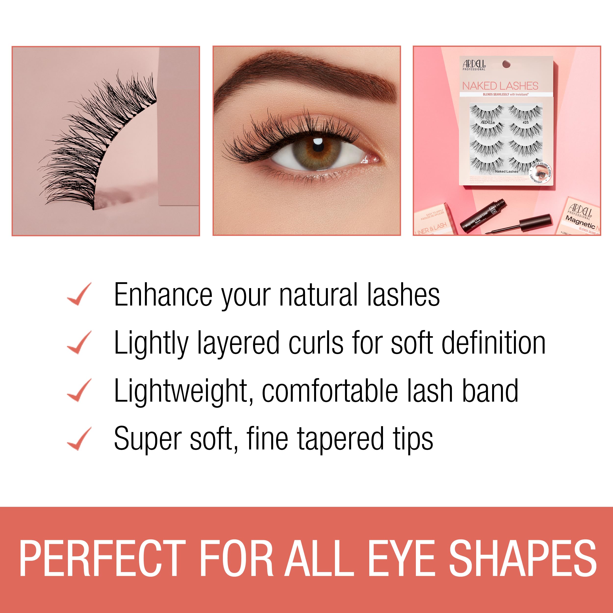 Ardell Naked Natural Lashes 427 Invisiband close-up shows secure, comfortable wear.