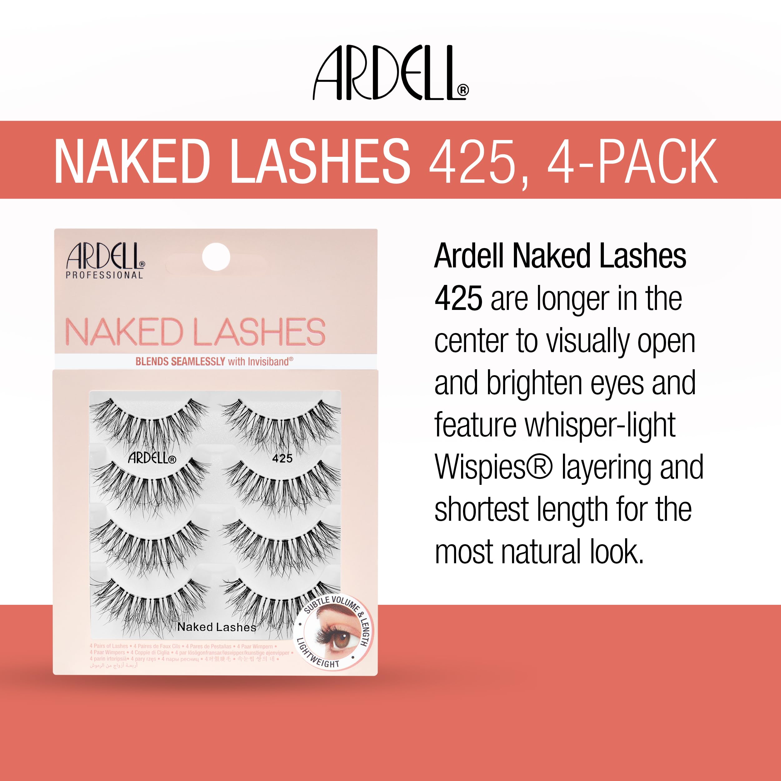 Ardell Naked Natural Lashes 427 soft Wispies close-up for feathered, natural glamour.