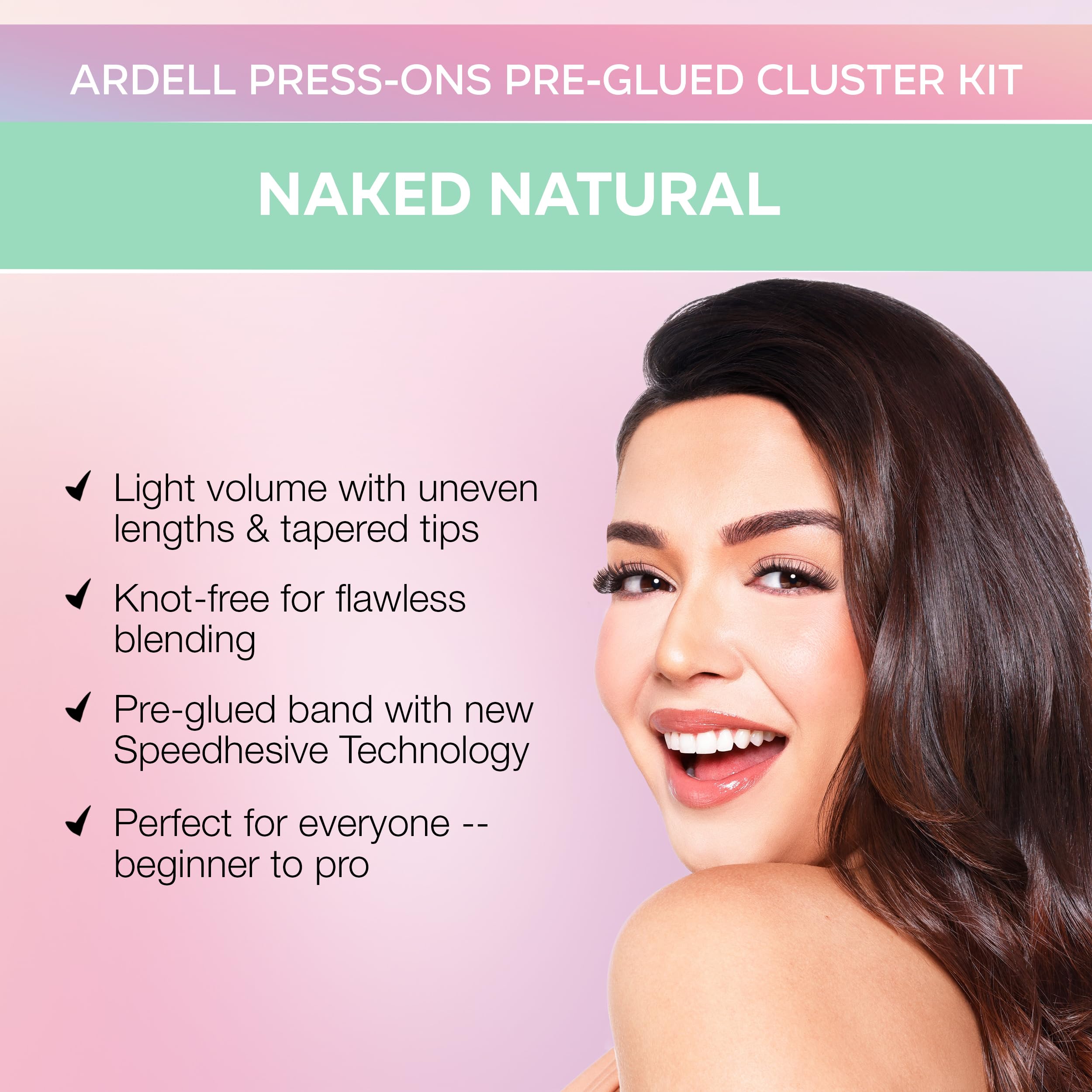 Ardell Press On Lashes Naked Natural, clústeres interiores angulados para ajuste suave en la esquina.