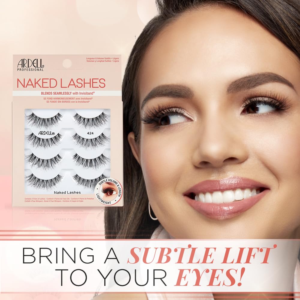 Ardell Naked Lashes 424 close-up highlights soft, lightweight lashes for natural volume.