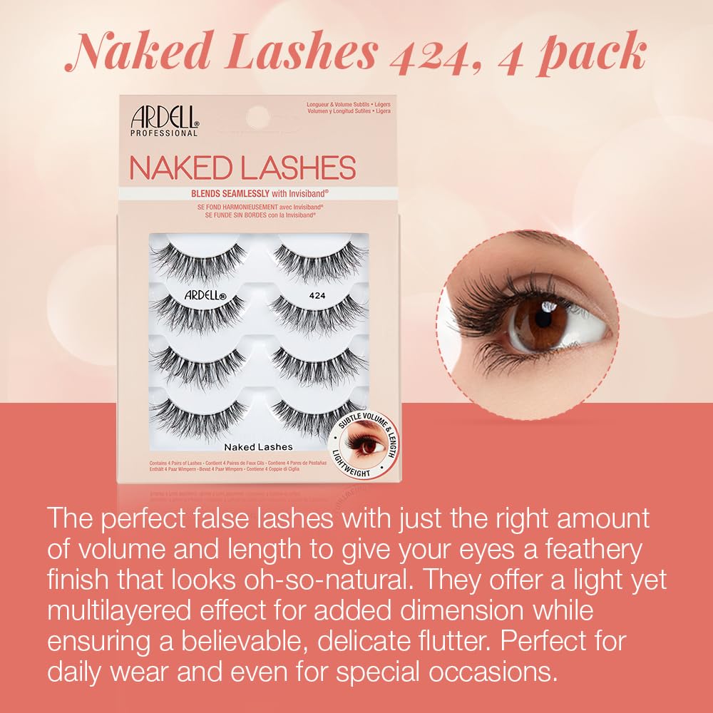 Ardell Naked Lashes 424 pack demonstrates application-ready lashes for quick wear.