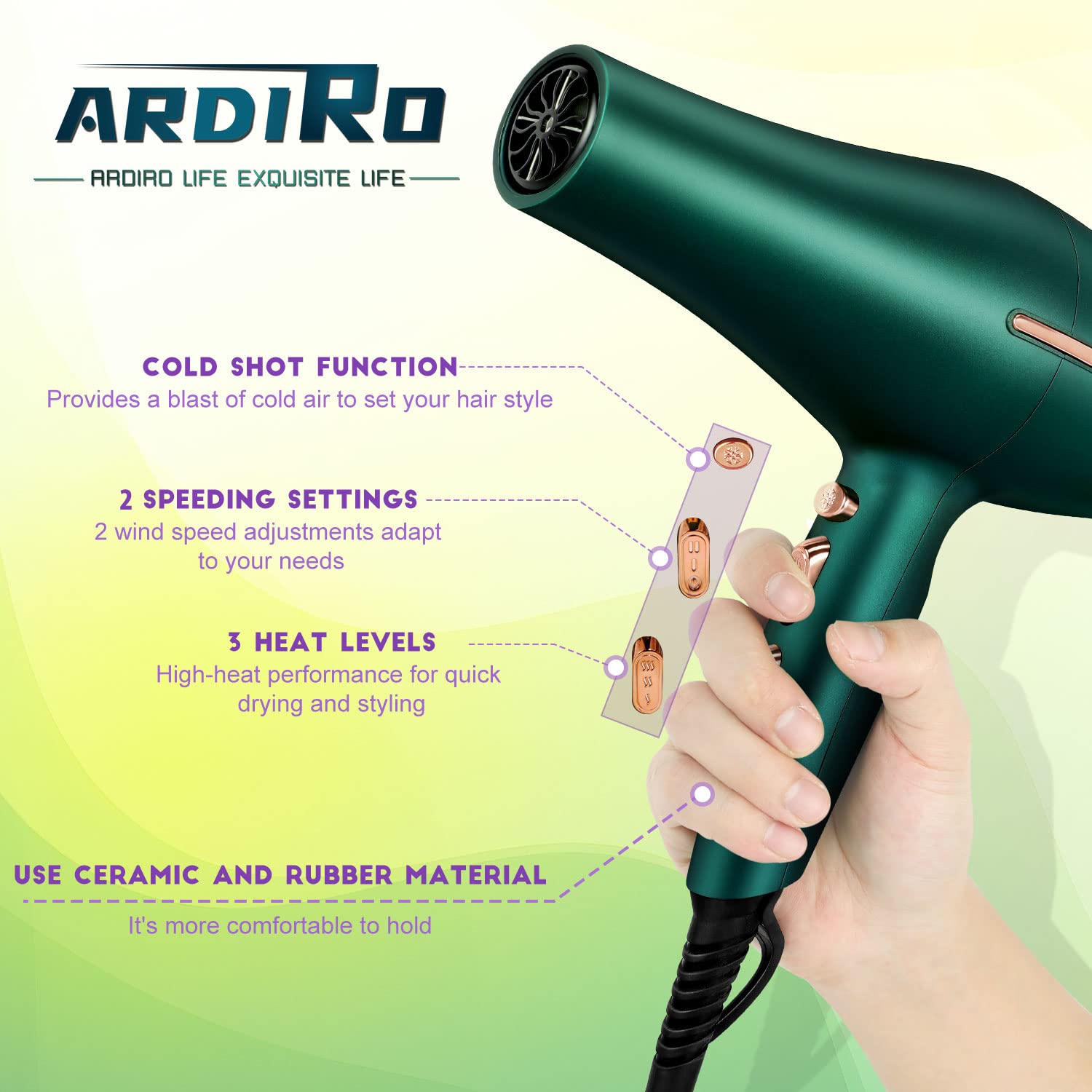 ARDIRO 2000W hair dryer cool shot function for quick set after styling.