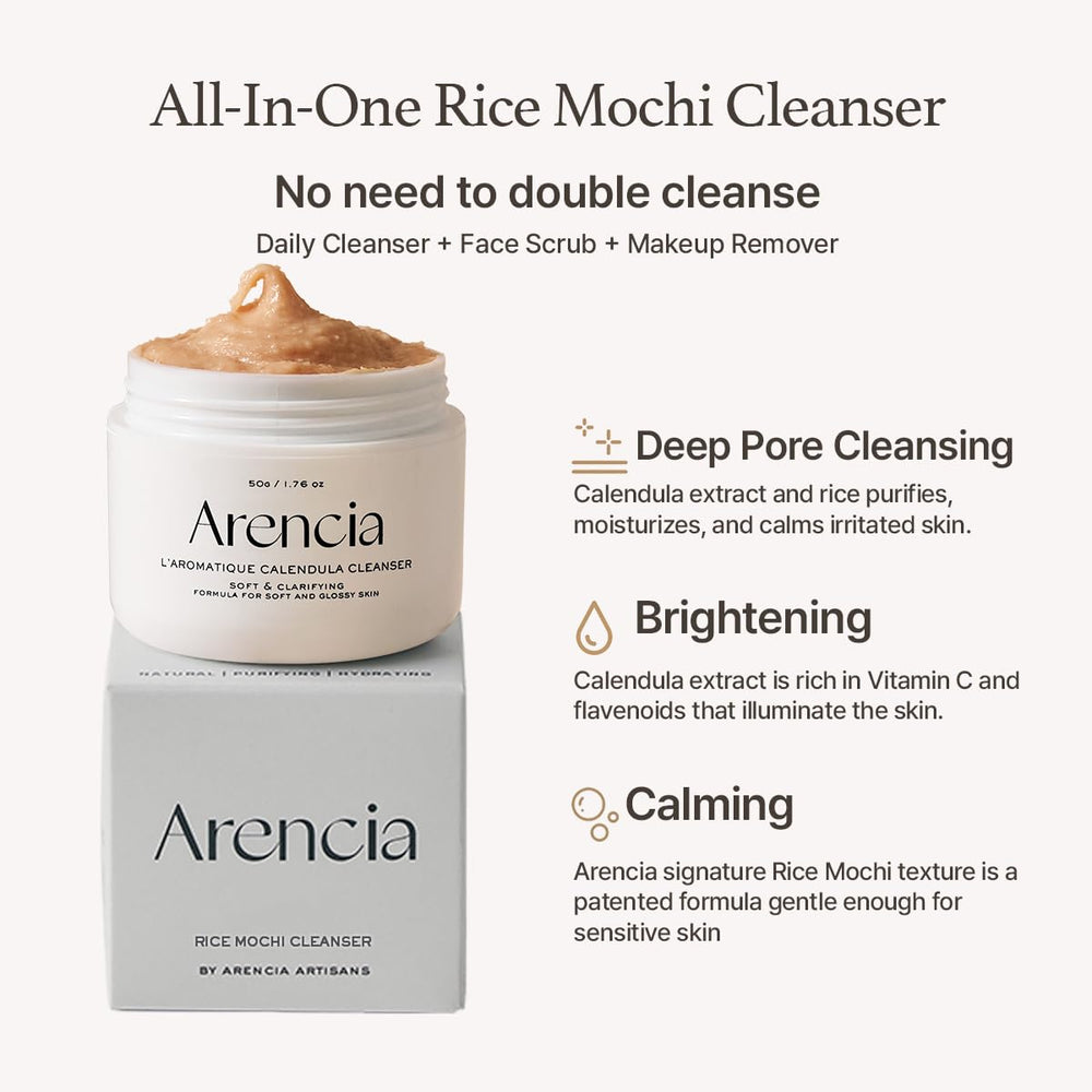 ARENCIA Calendula Rice Mochi Cleanser close-up shows foamy texture exfoliating gently without stripping moisture.