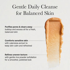 ARENCIA Calendula Rice Mochi Cleanser ingredient close-up shows calendula and botanicals.