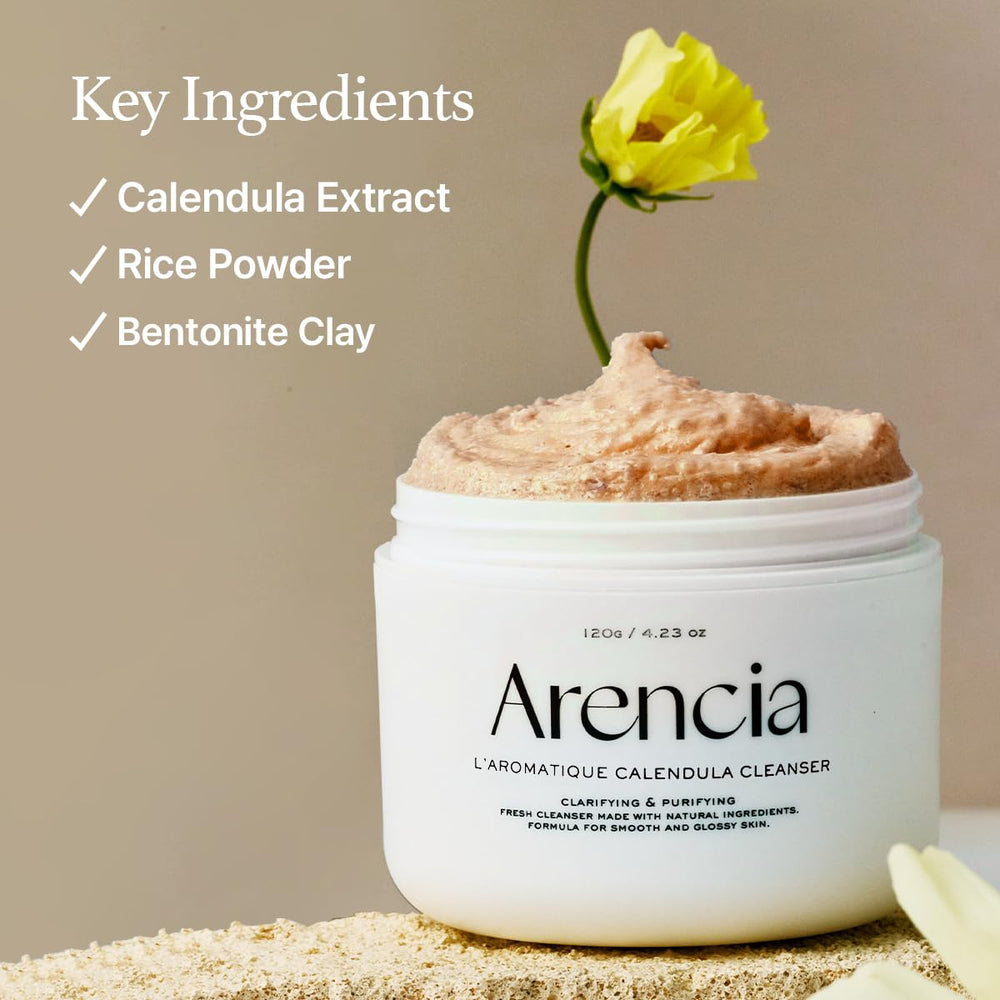 Arencia Calendula Rice Mochi Cleanser ingredients highlight natural extracts for skin support.