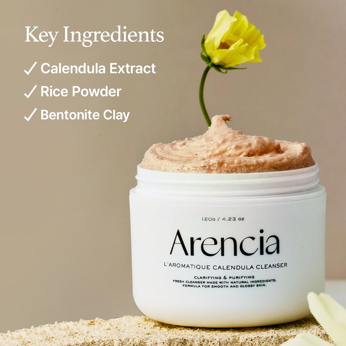 ARENCIA Calendula Rice Mochi Cleanser rinse reveals balanced skin and refreshed complexion.