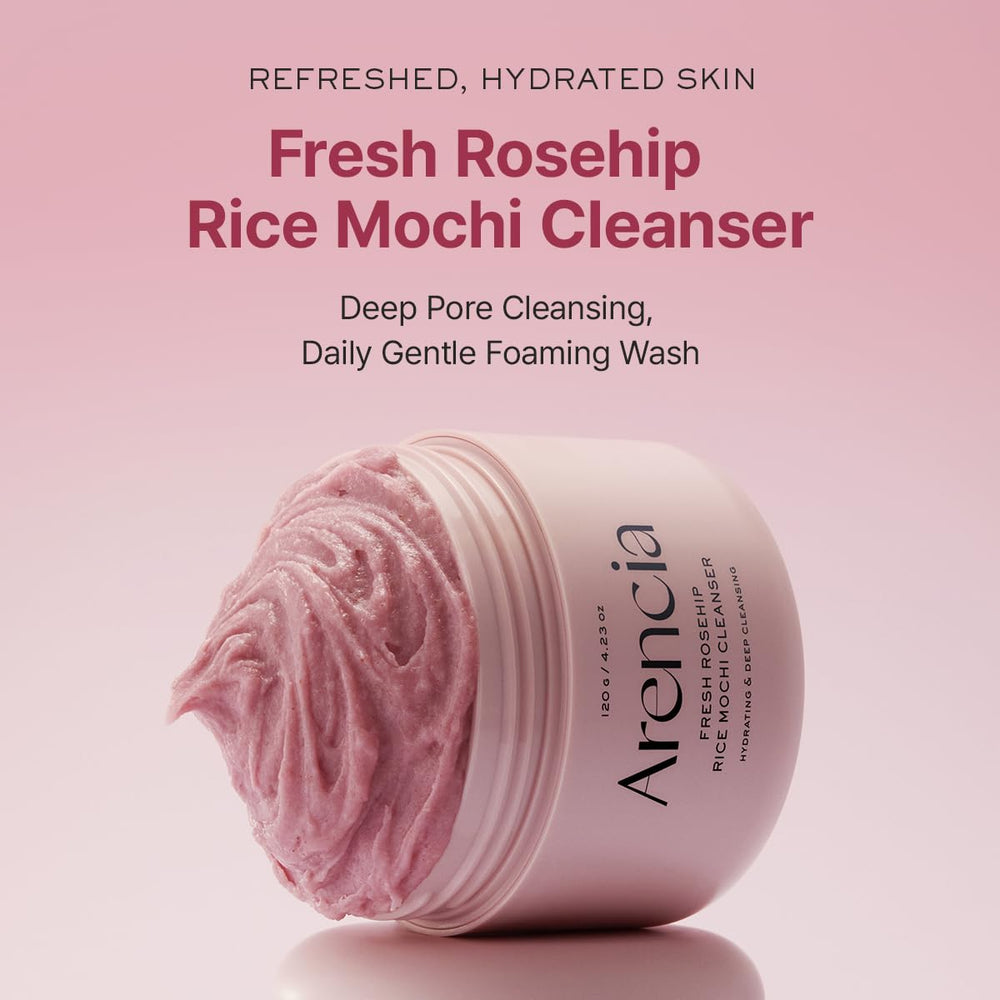 ARENCIA Fresh Rosehip Rice Mochi Cleanser jar closeup shows gentle exfoliation and smooth texture.