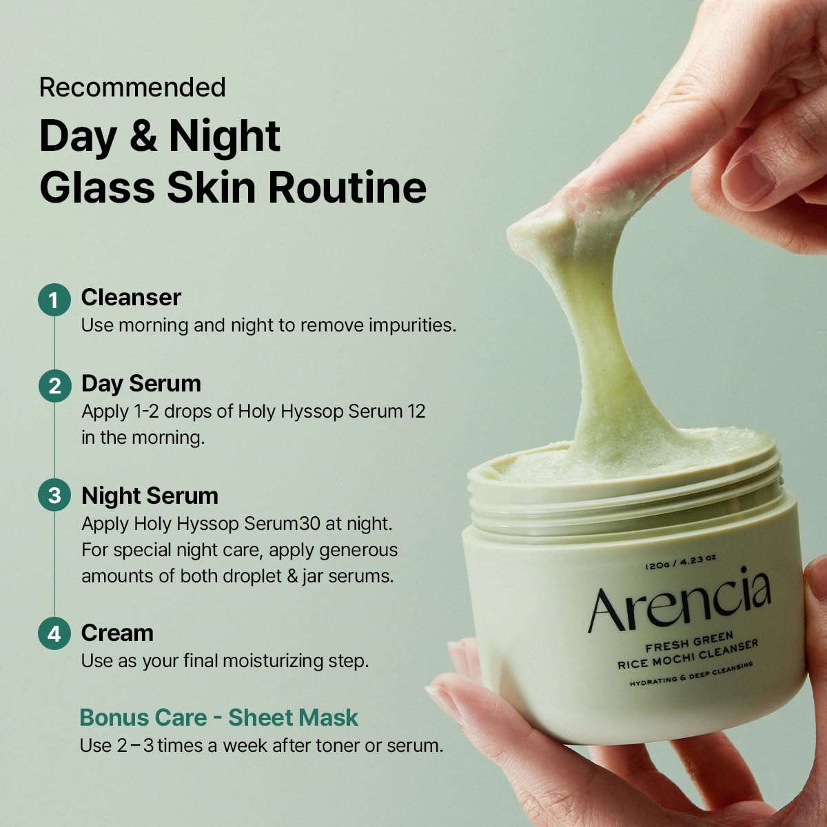 Arencia Glass Skin Renewal Set texture close-up shows refined, glass-like skin surface.