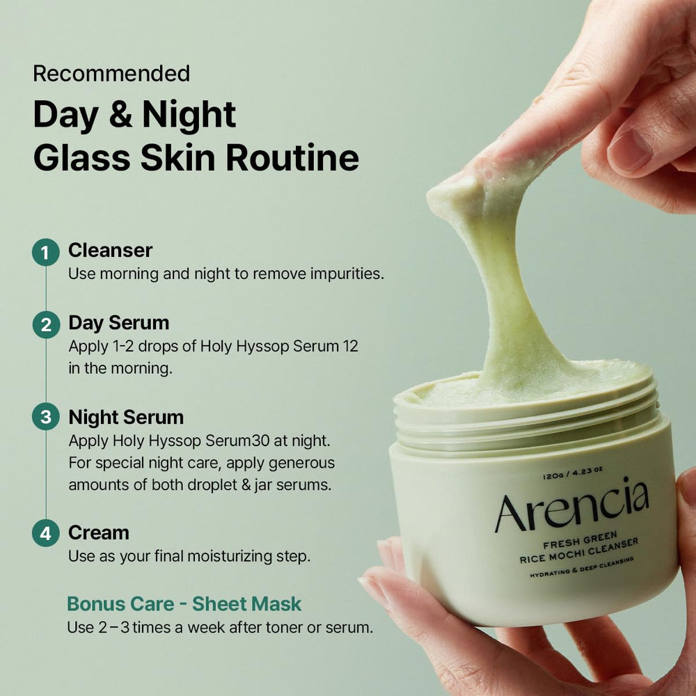 Arencia Glass Skin Renewal Set texture close-up shows refined, glass-like skin surface.