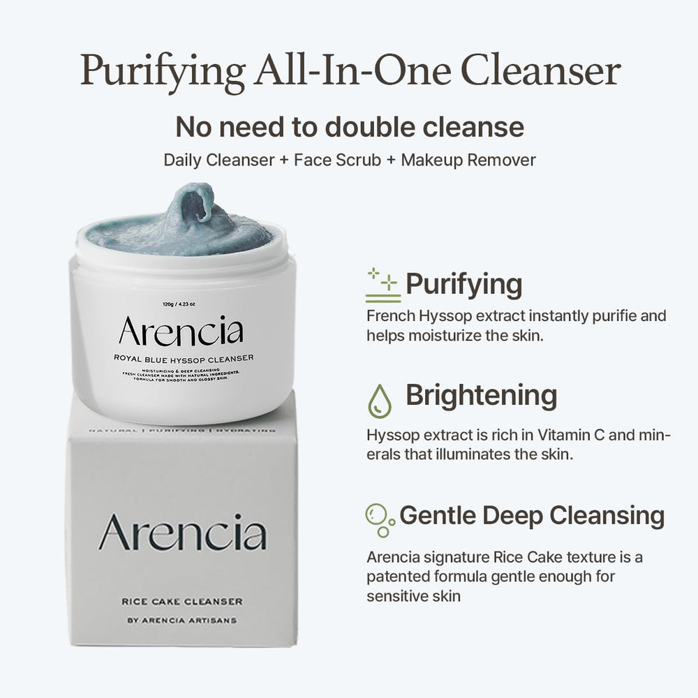 ARENCIA Hyssop Brightening Scrub jar open, creamy texture ideal for deep cleansing without drying.