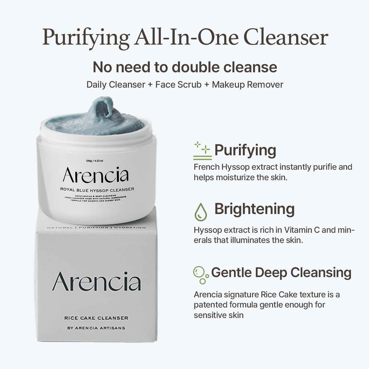 ARENCIA Hyssop Brightening Scrub texture closeup reveals soft grains for even skin.