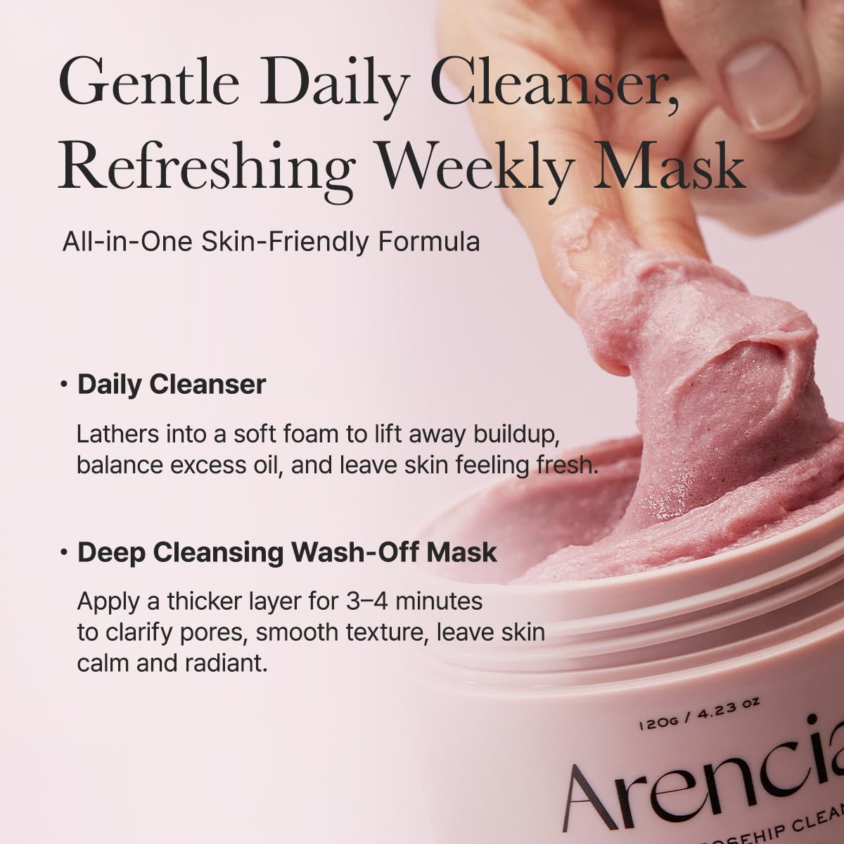 ARENCIA bottle with clean label suggests no distilled water approach and a pure formulation.