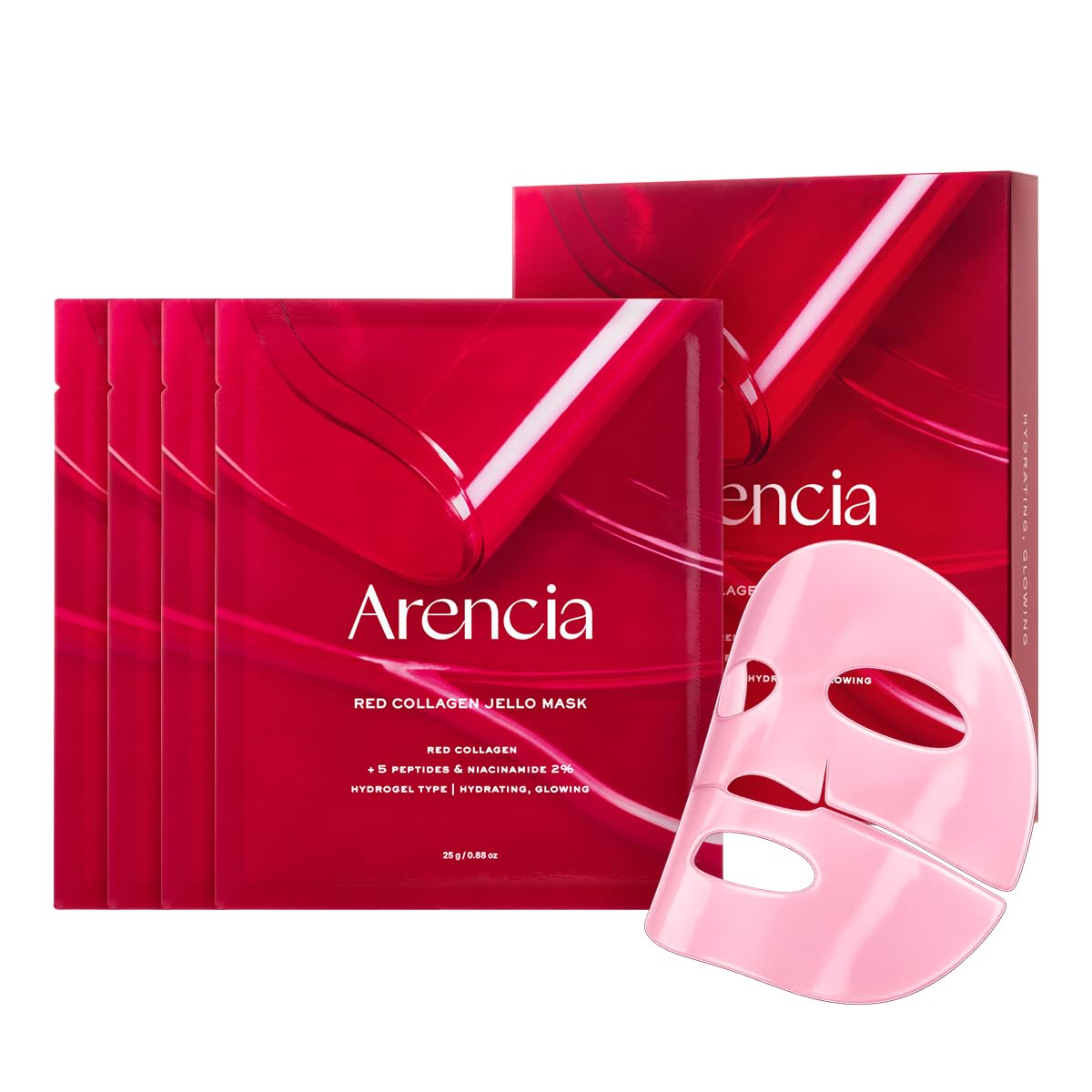 ARENCIA Red Collagen Jello Mask packaging highlights premium hydrogel formula for overnight hydration
