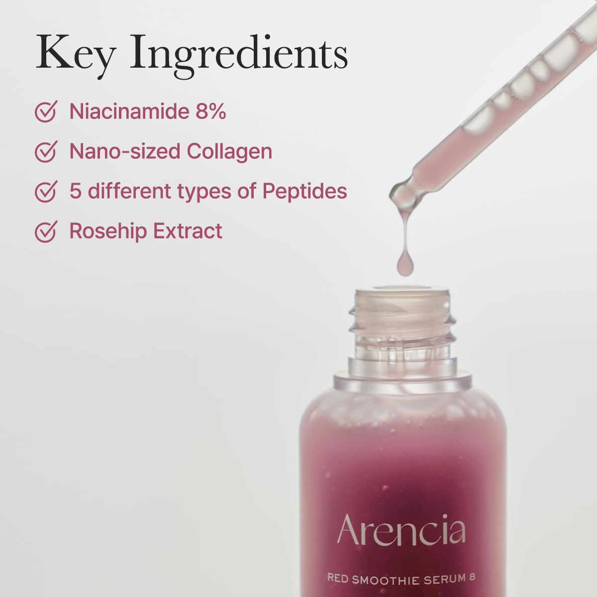 Arencia Red Collagen + Peptide Smoothie Serum on glass surface hints at glass skin glow.