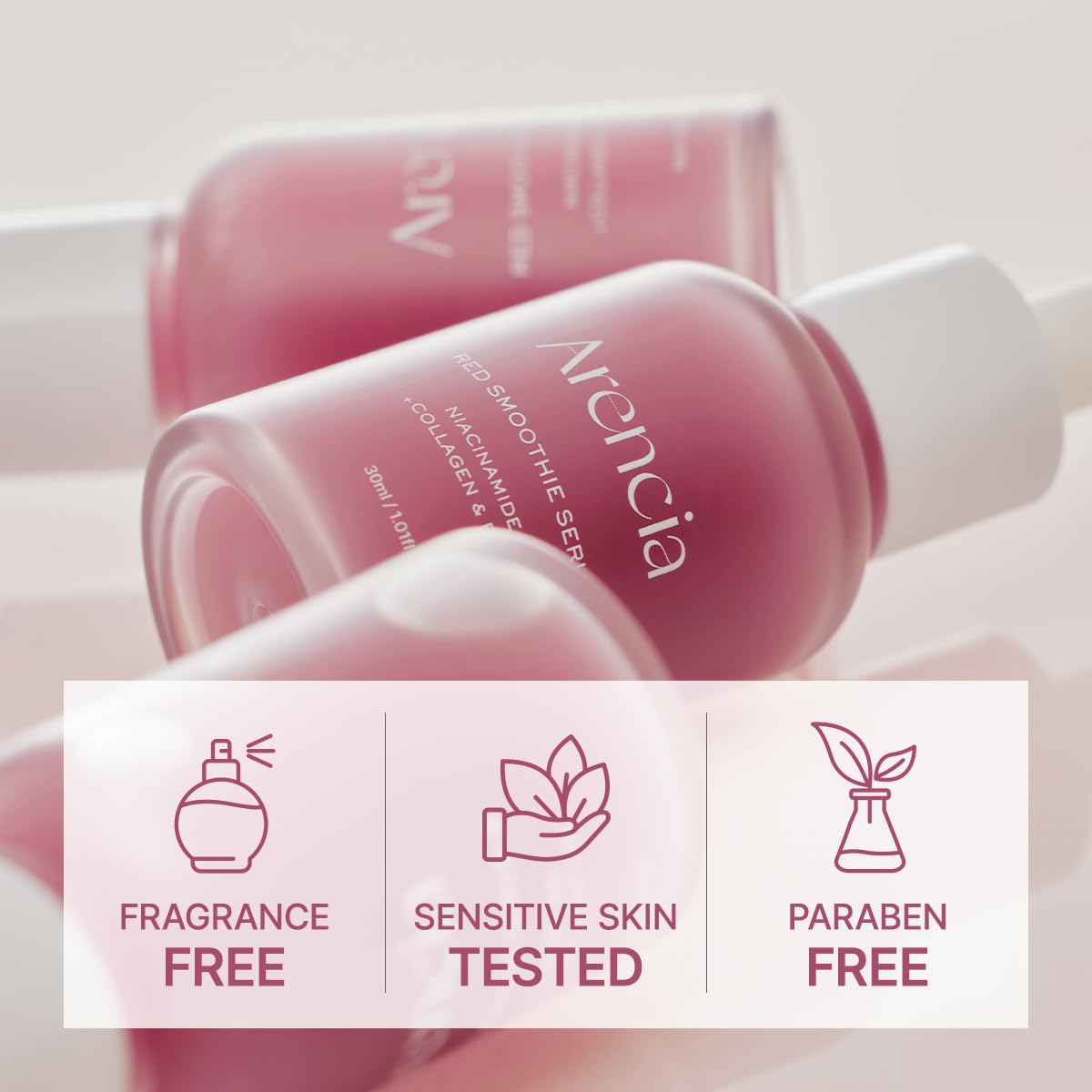 Arencia ingredients display highlights Niacinamide, Vitamin C, and Vitamin E benefits.