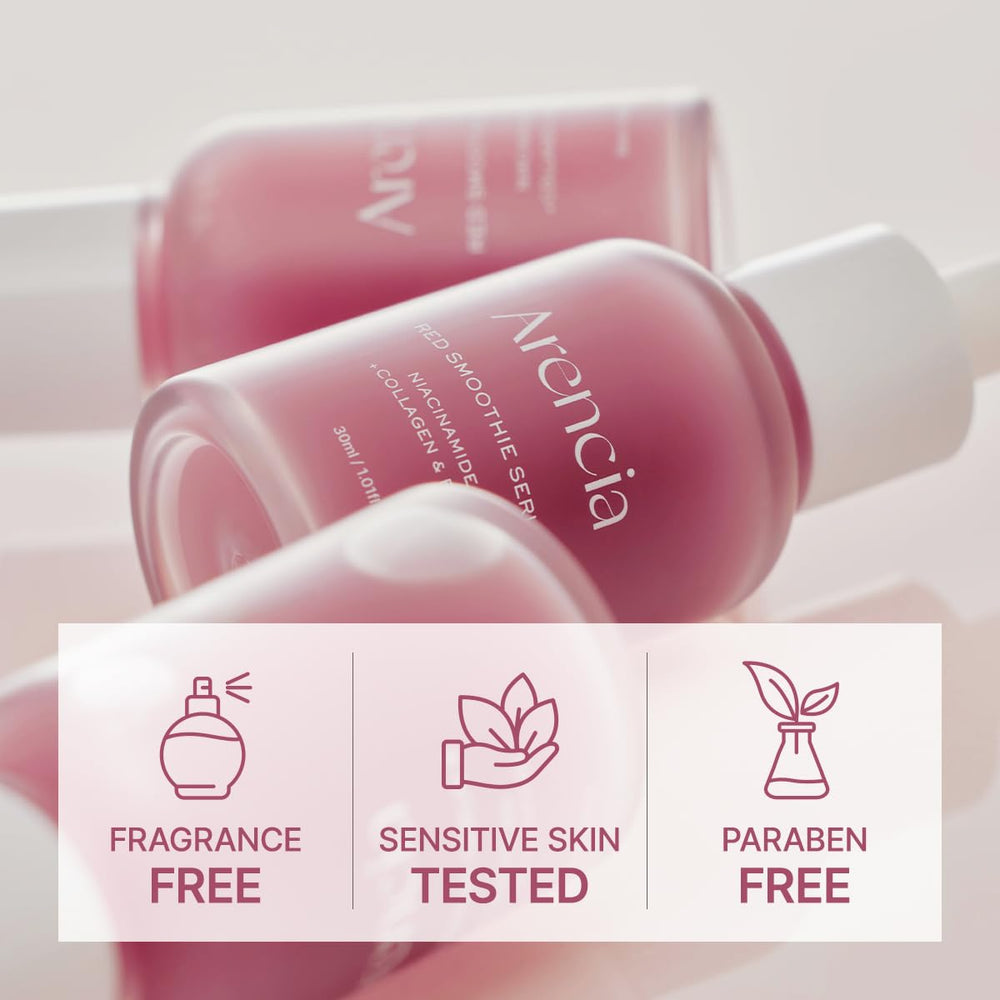 Arencia ingredients display highlights Niacinamide, Vitamin C, and Vitamin E benefits.