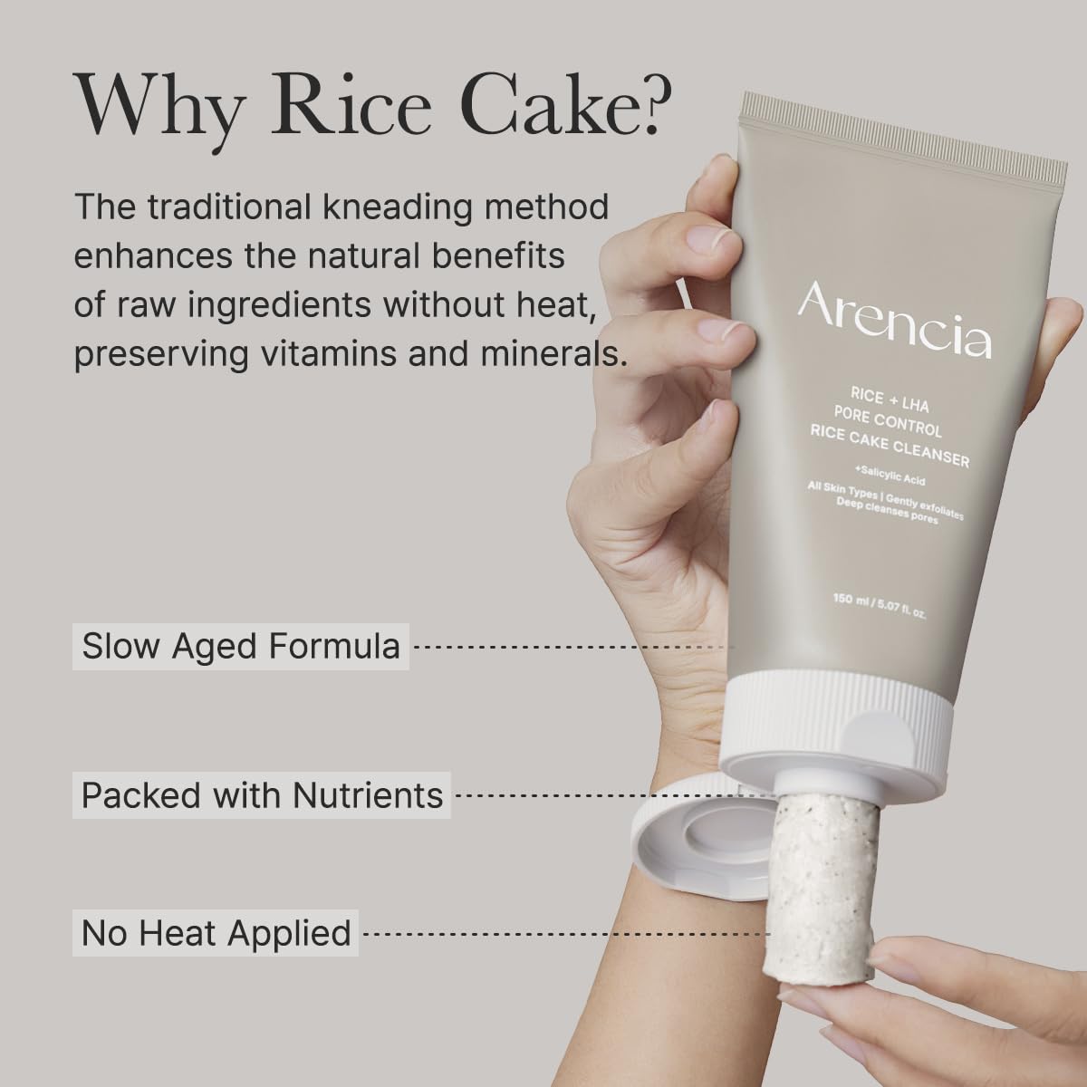 ARENCIA rice cake texture closeup shows chewy texture for gentle cleansing.