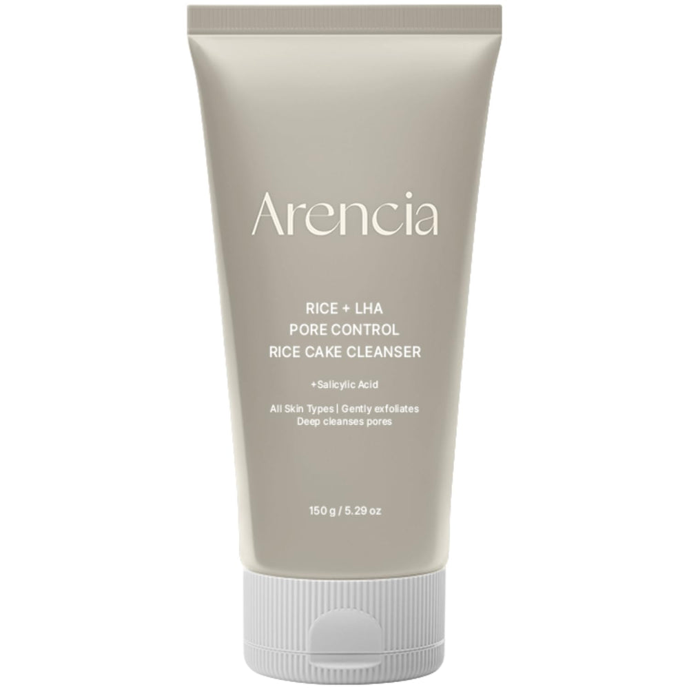 ARENCIA Rice + LHA cleanser packshot highlights pore-control benefits with a clean, premium presentation.
