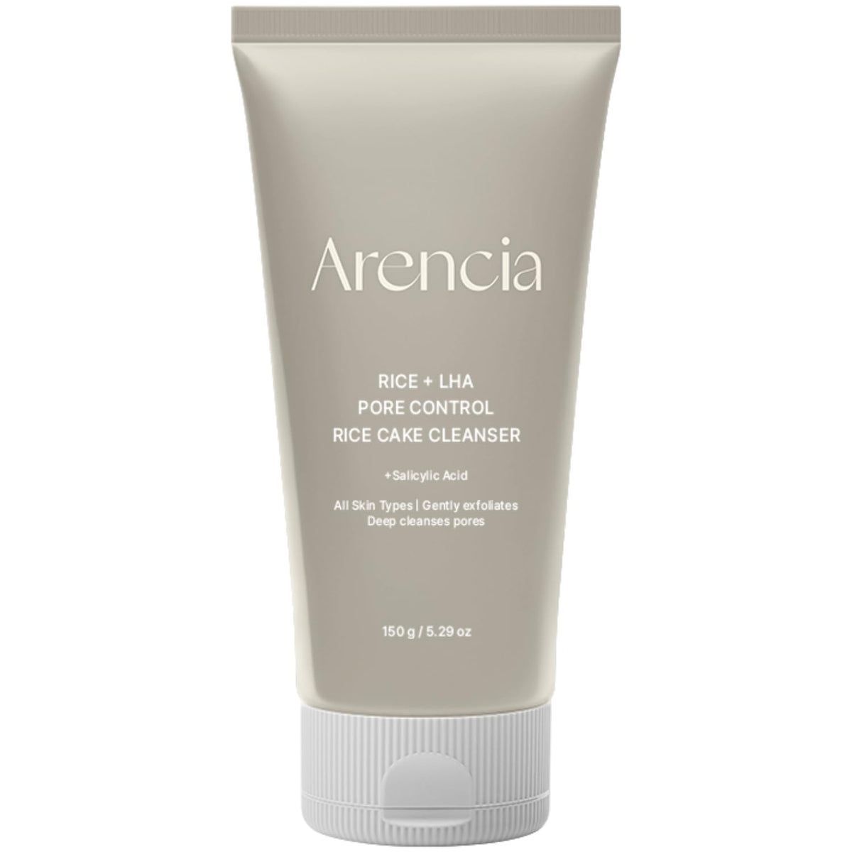 ARENCIA Rice + LHA cleanser packshot highlights pore-control benefits with a clean, premium presentation.