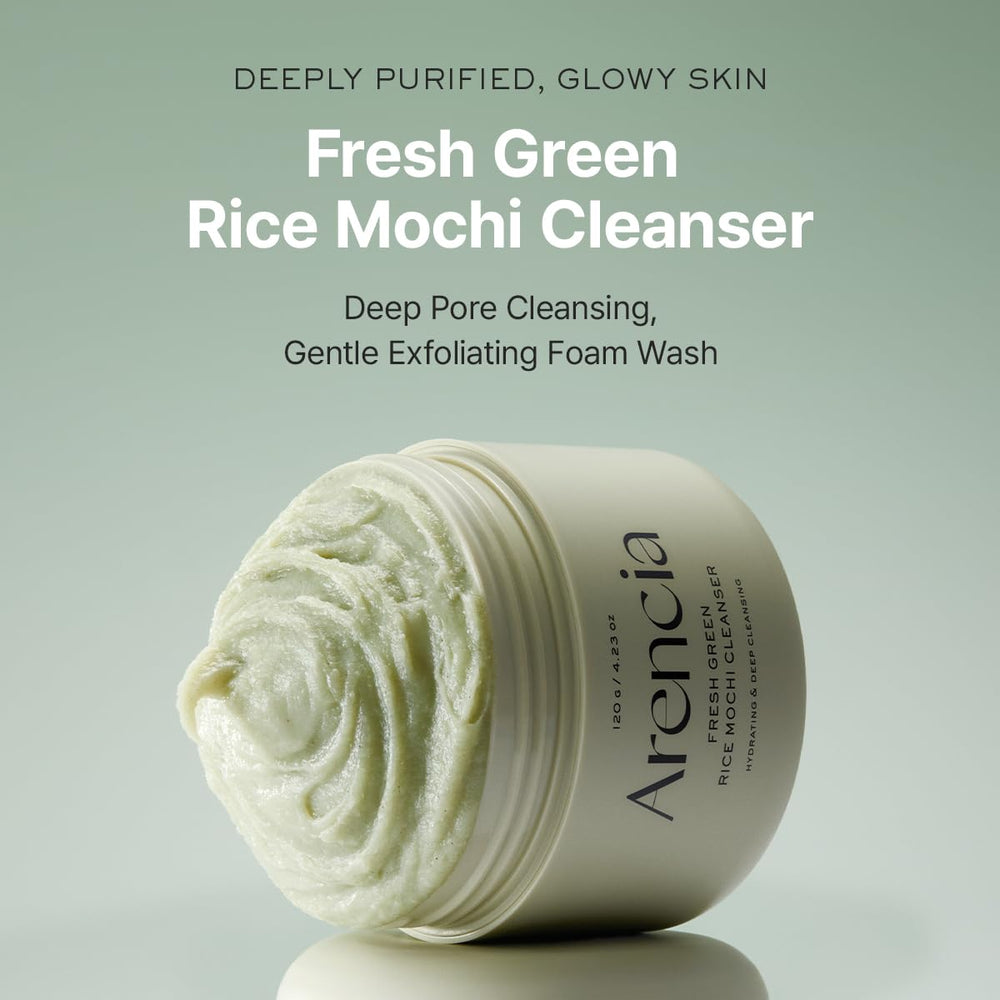 Arencia Rice Mochi Cleanser foam demonstrates gentle exfoliation and cleansing lather.