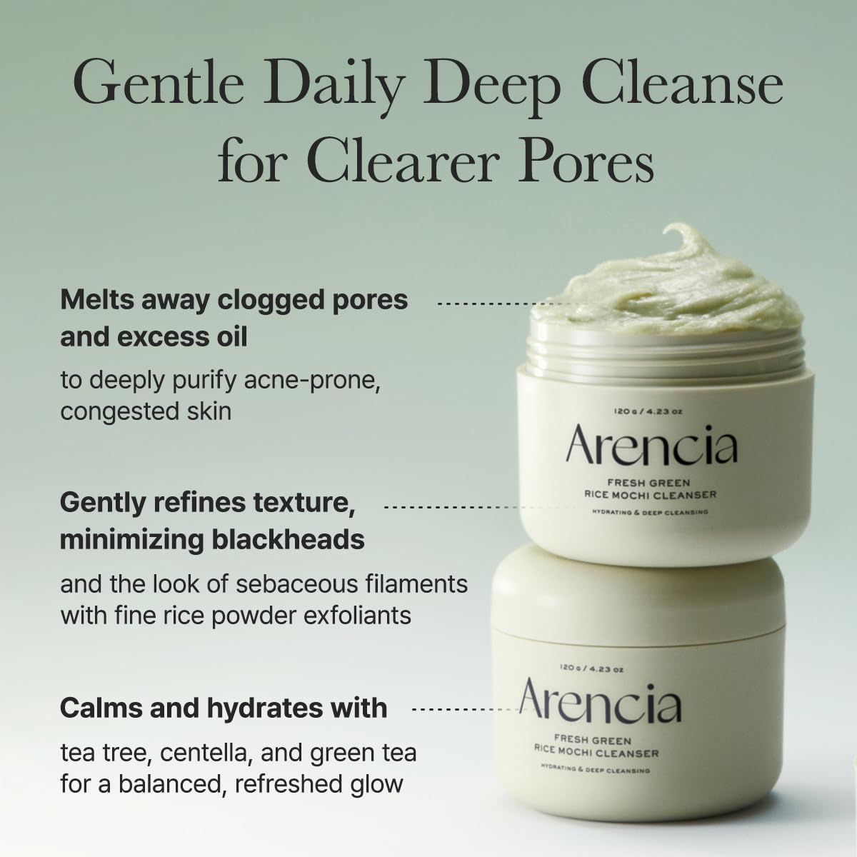 Arencia Rice Mochi Cleanser ingredients highlights 34 natural extracts supporting moisture.
