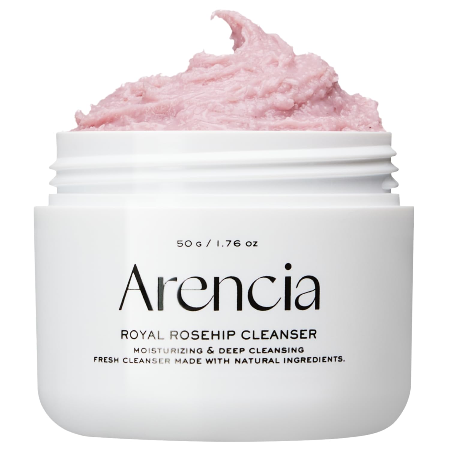 Arencia Rosehip Brightening Rice Mochi Cleanser jar shows creamy texture for gentle cleansing and hydration.